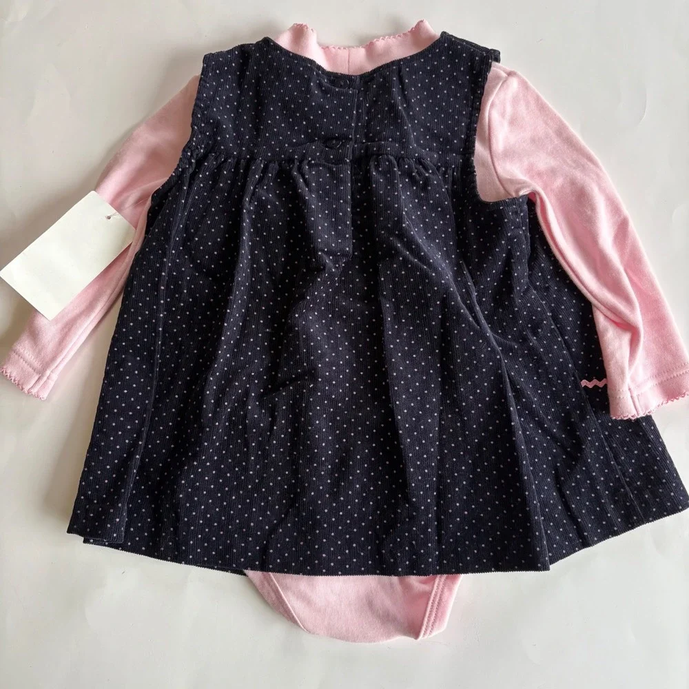 Rare Too! Navy Pink Polka Dot Ballet Corduroy Jumper and‎ Bodysuit Set 24M NWT